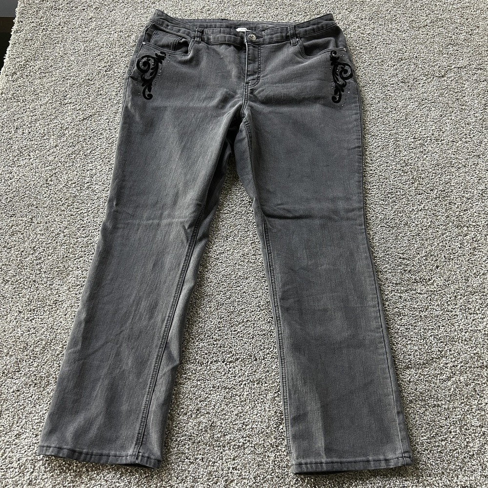 CJ Banks Straight Jeans Womens 16W Charcoal Gray Embroidered Rhinestone Denim